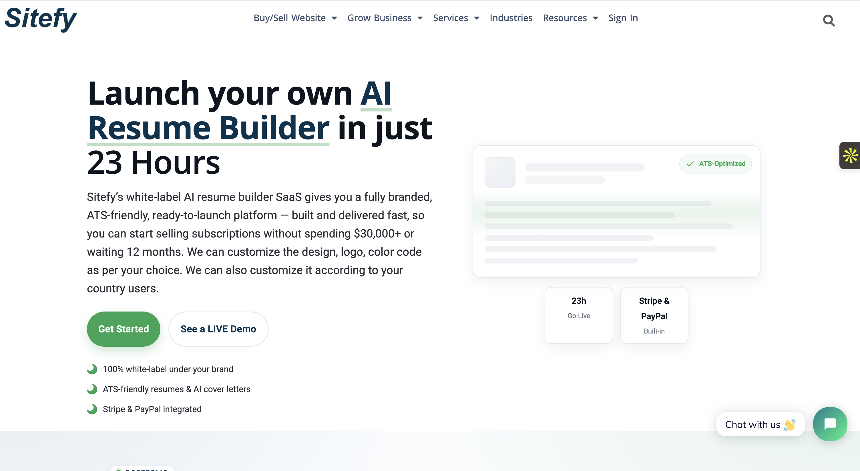 Sitefy.co white-label resume builder page screenshot