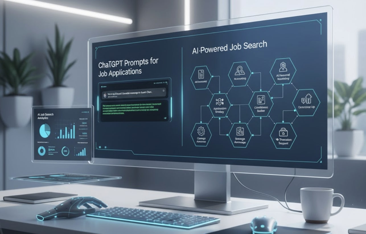 Scrivania futuristica con un monitor trasparente che mostra i concetti di richiesta di lavoro di ChatGPT AI