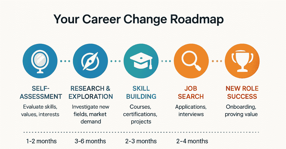 Visual roadmap showing the complete career change journey from initial self-assessment through successful placement in new role, with six key phases and timeline estimates
