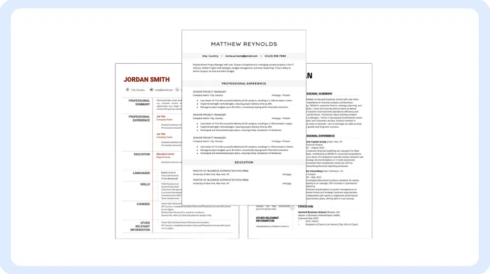 Visualización de diferentes plantillas de currículum de JobWinner