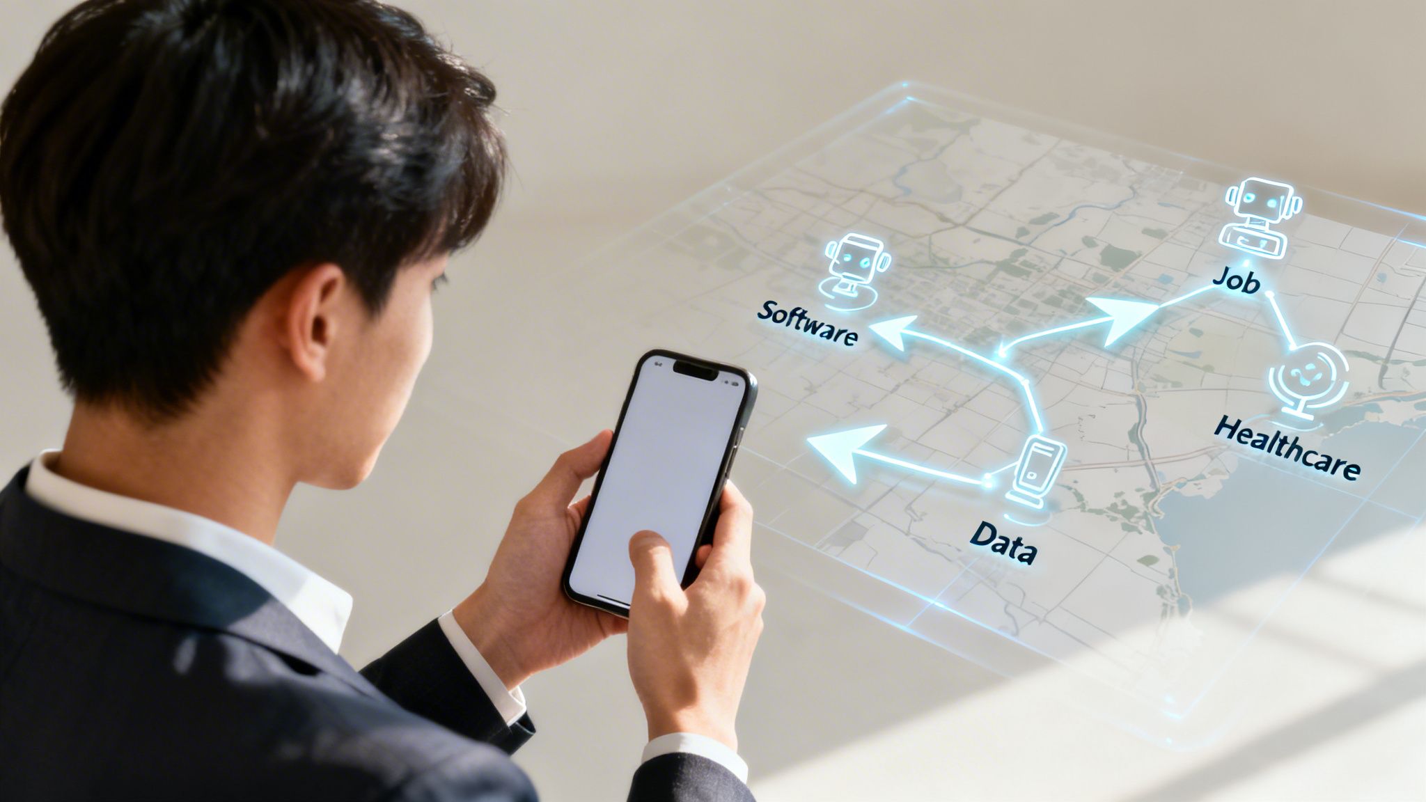 Un homme utilise son smartphone pour interagir avec un écran holographique reliant des concepts d'IA tels que les logiciels, les données, l'emploi et la santé.