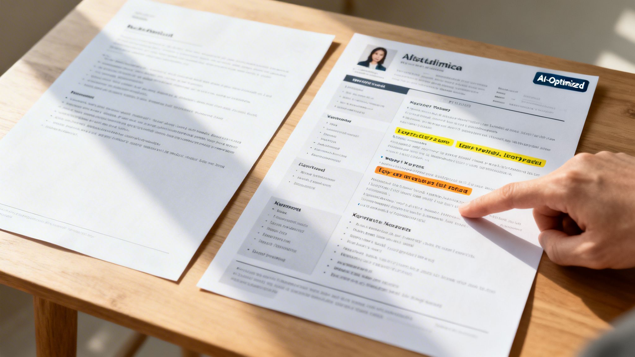 Une main désigne une section mise en évidence sur un CV optimisé par l'IA, posé à côté d'un autre document sur une table en bois.
