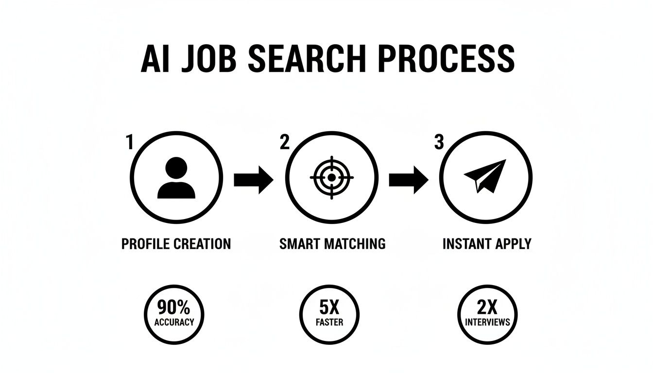 Infographie illustrant le processus de recherche d'emploi par l'IA : création de profil, mise en relation intelligente et candidature instantanée, avec tous les avantages.