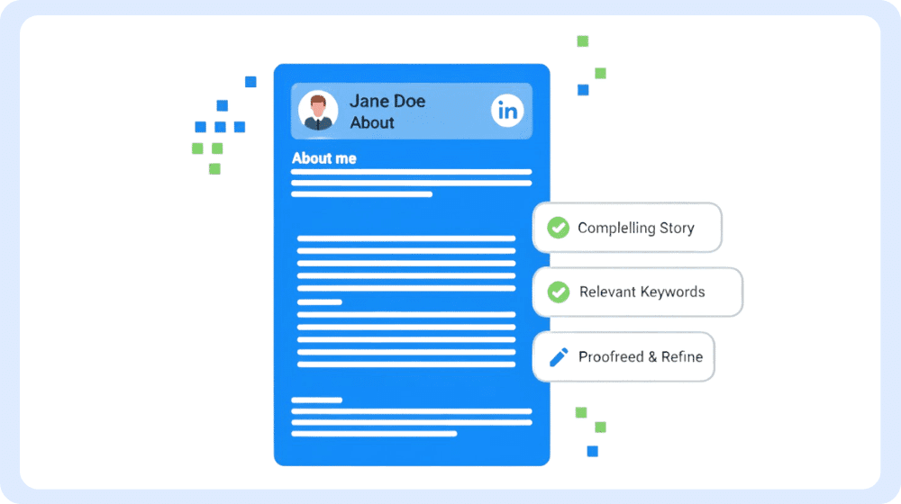 Una interfaz profesional con generador de inteligencia artificial para redactar una sección "Acerca de" atractiva en LinkedIn.