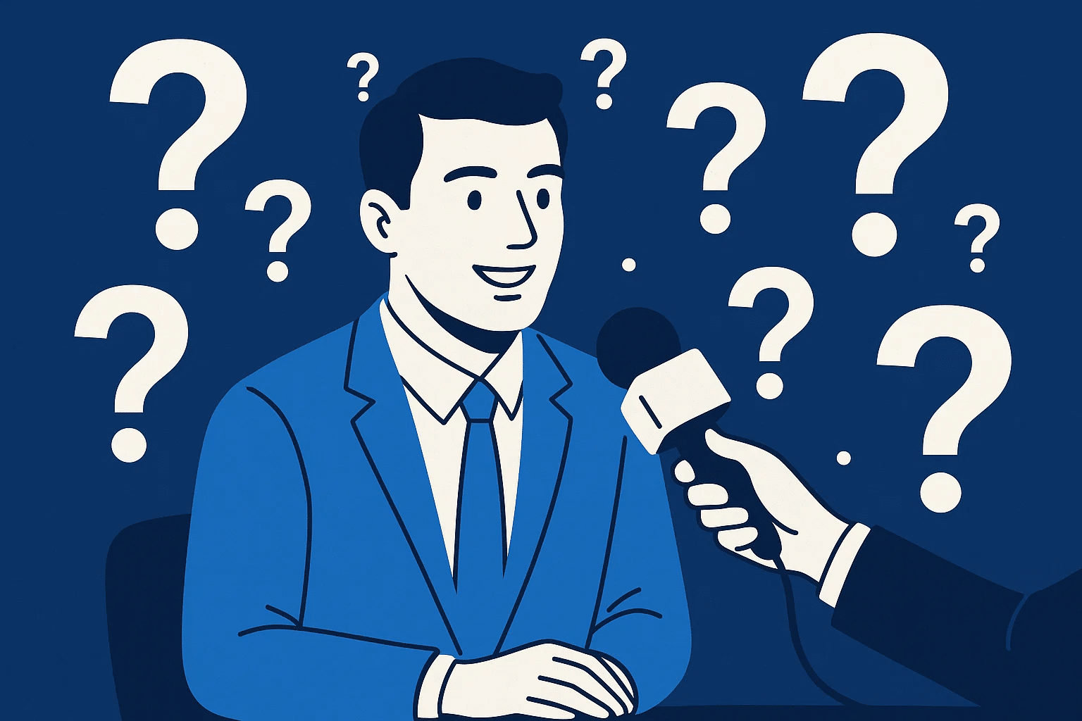 Illustration of a man in a suit being interviewed with a microphone, surrounded by question marks, symbolizing job interview questions and preparation