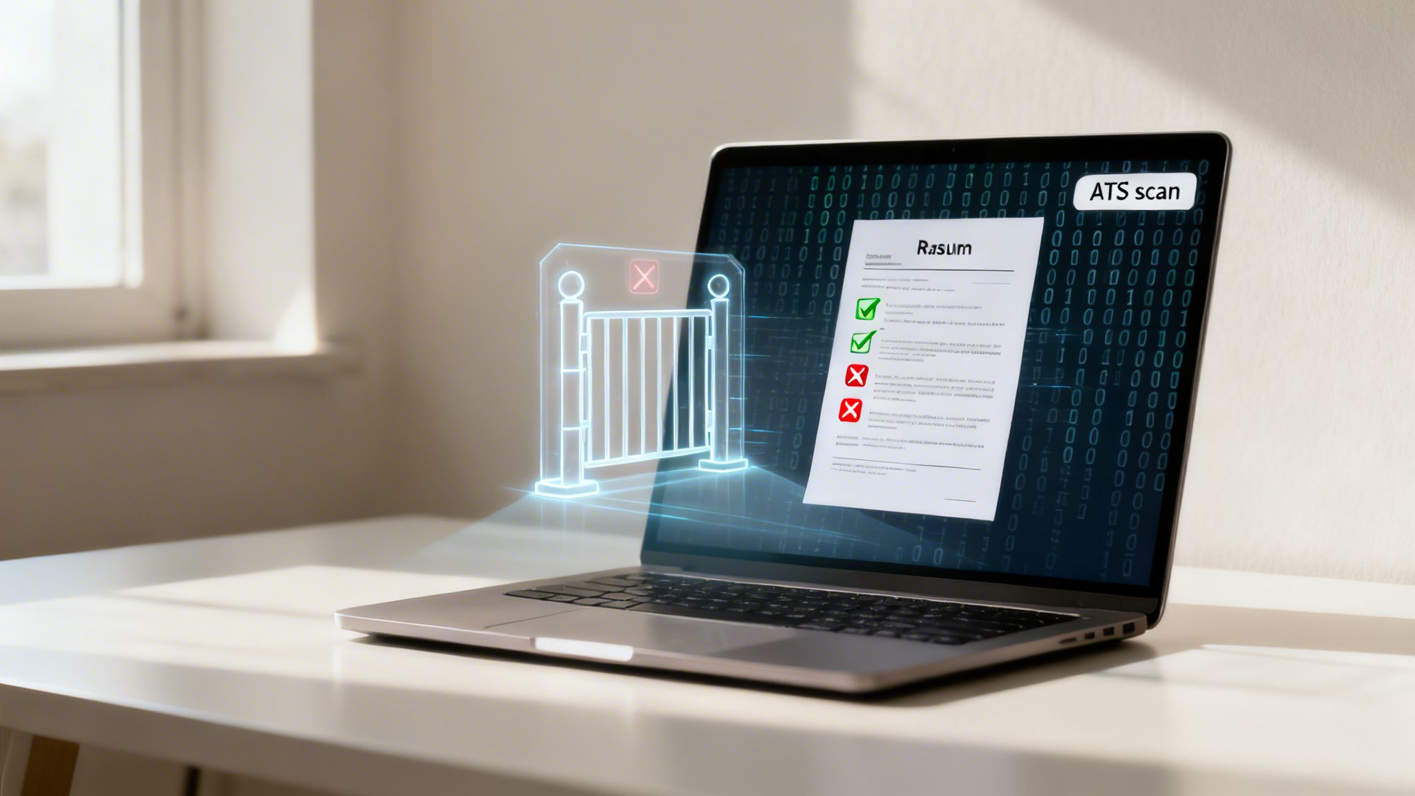 A laptop screen shows a resume being scanned by an ATS with holographic gate graphic.
