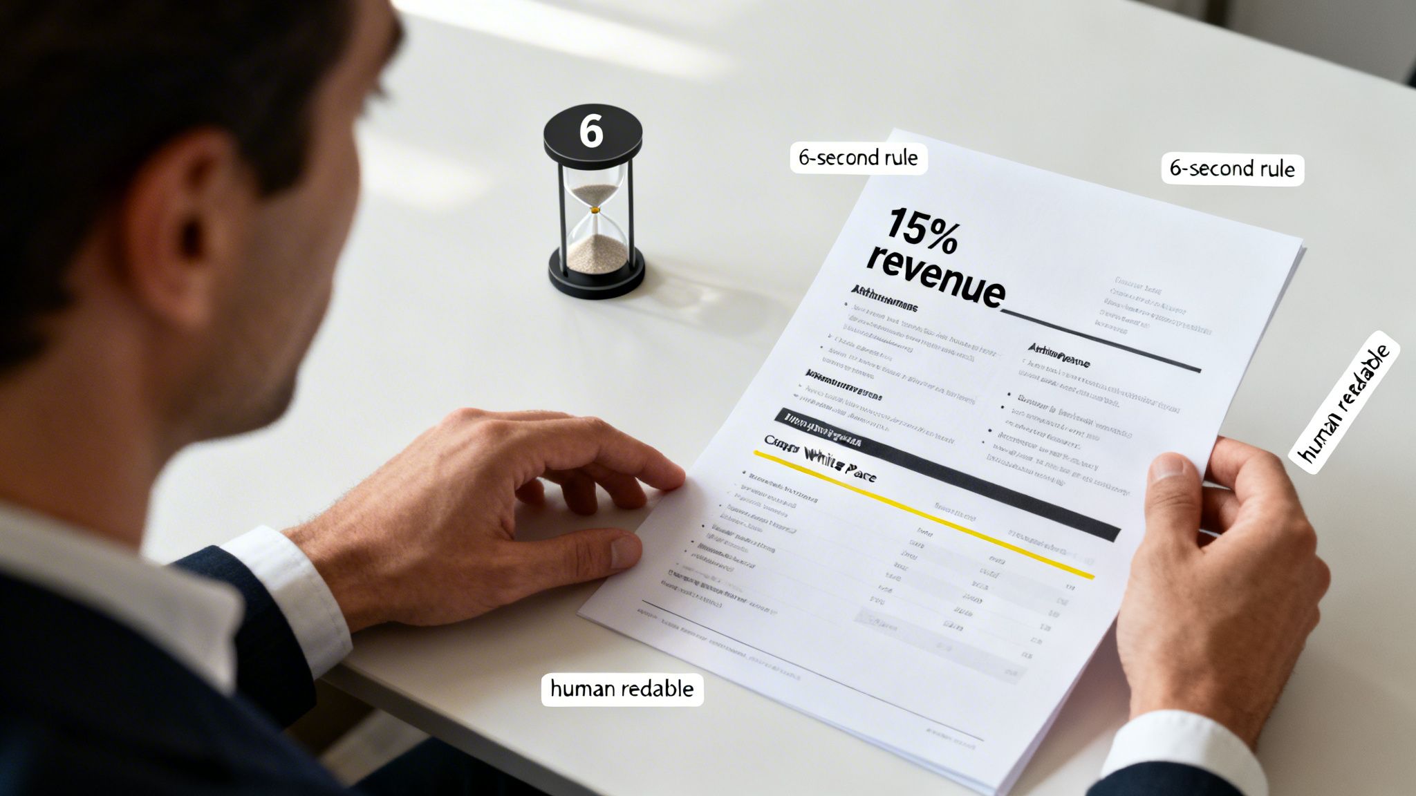 A person reads a business document about 15% revenue and the 6-second rule, next to an hourglass.