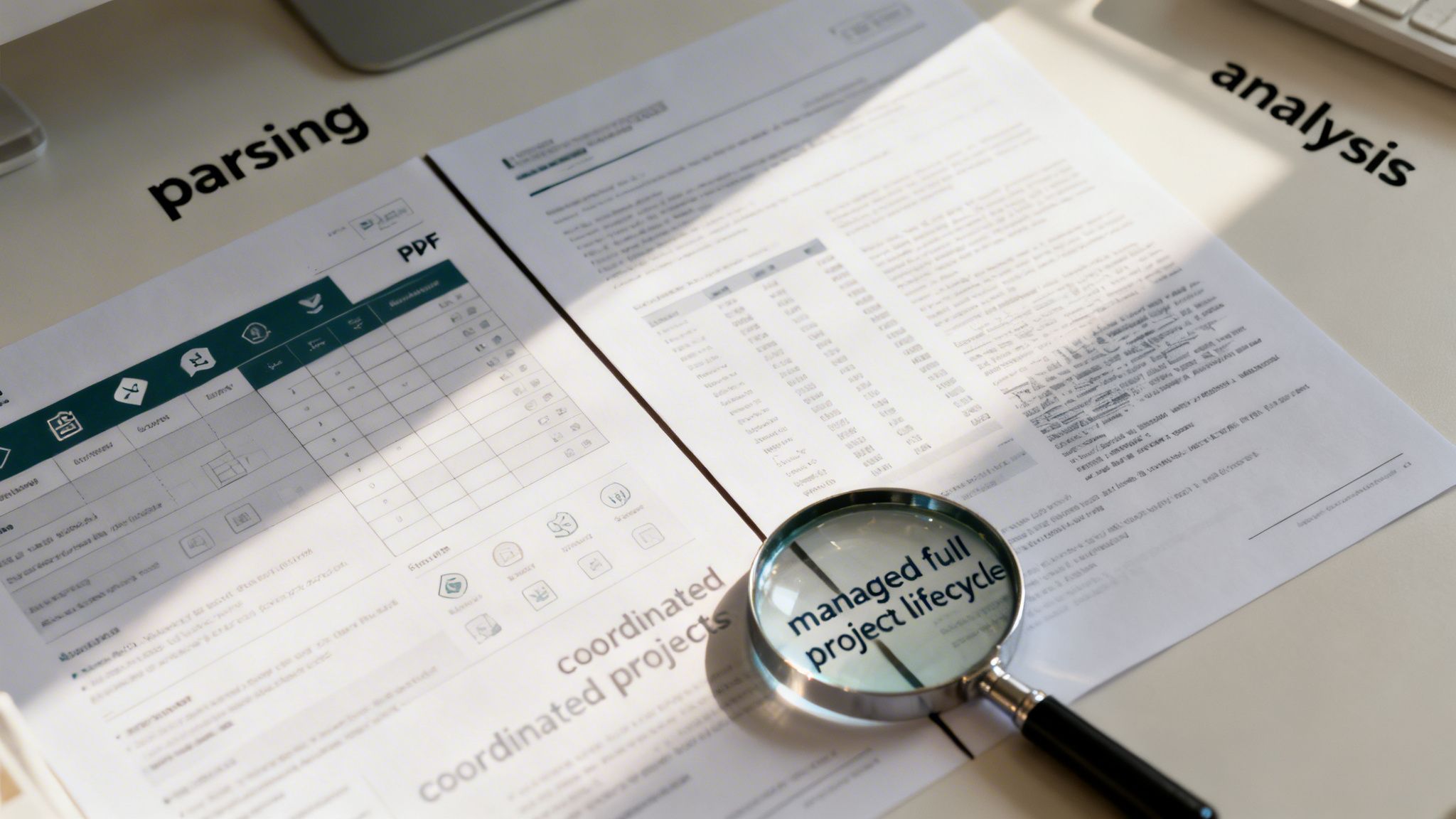 Overhead view of documents on a desk with a magnifying glass, text 'parsing', 'analysis', and 'managed full project lifecycle'.