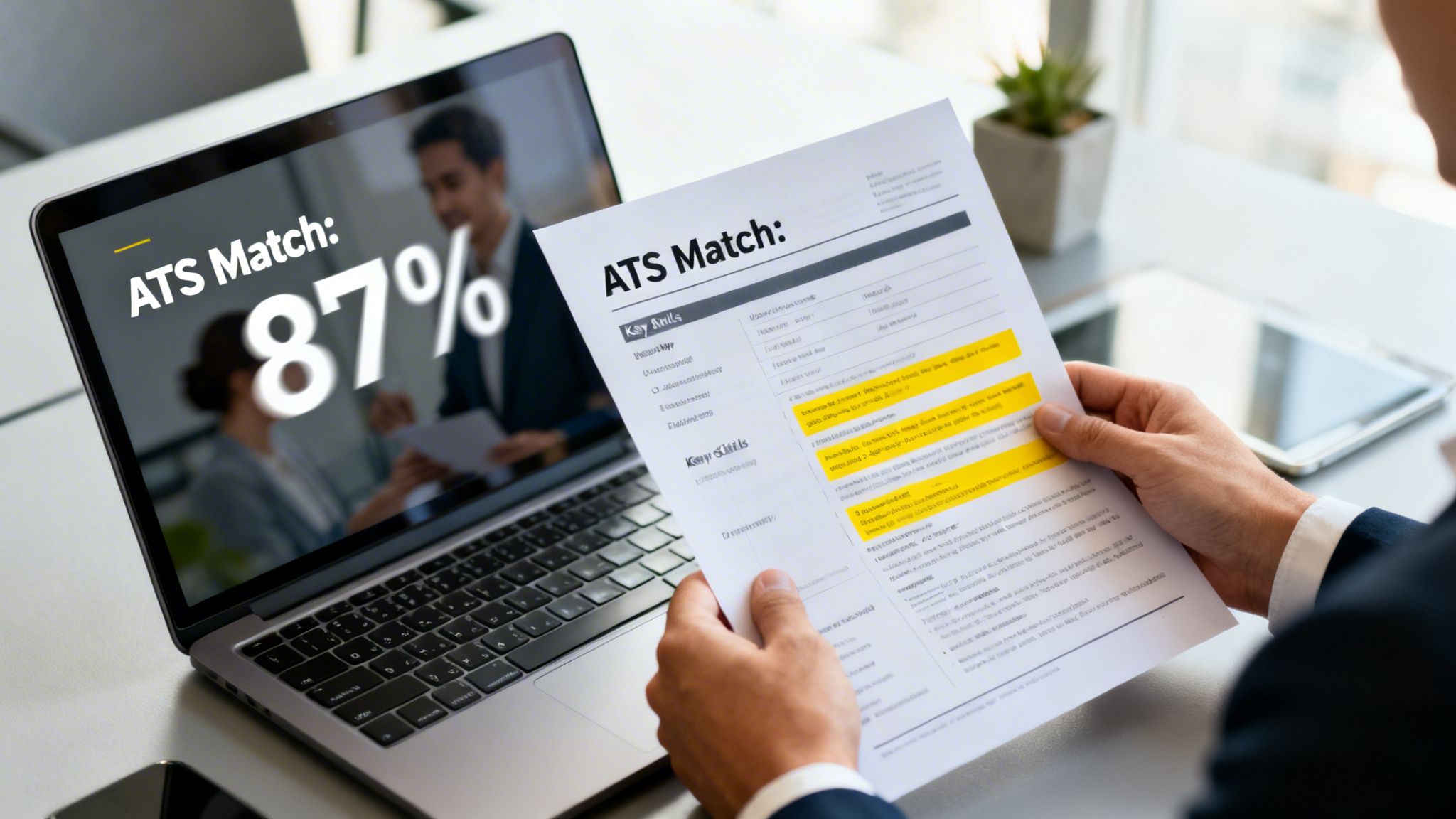 A person holds a highlighted document titled 'ATS Match' while a laptop shows an '87%' ATS match score.