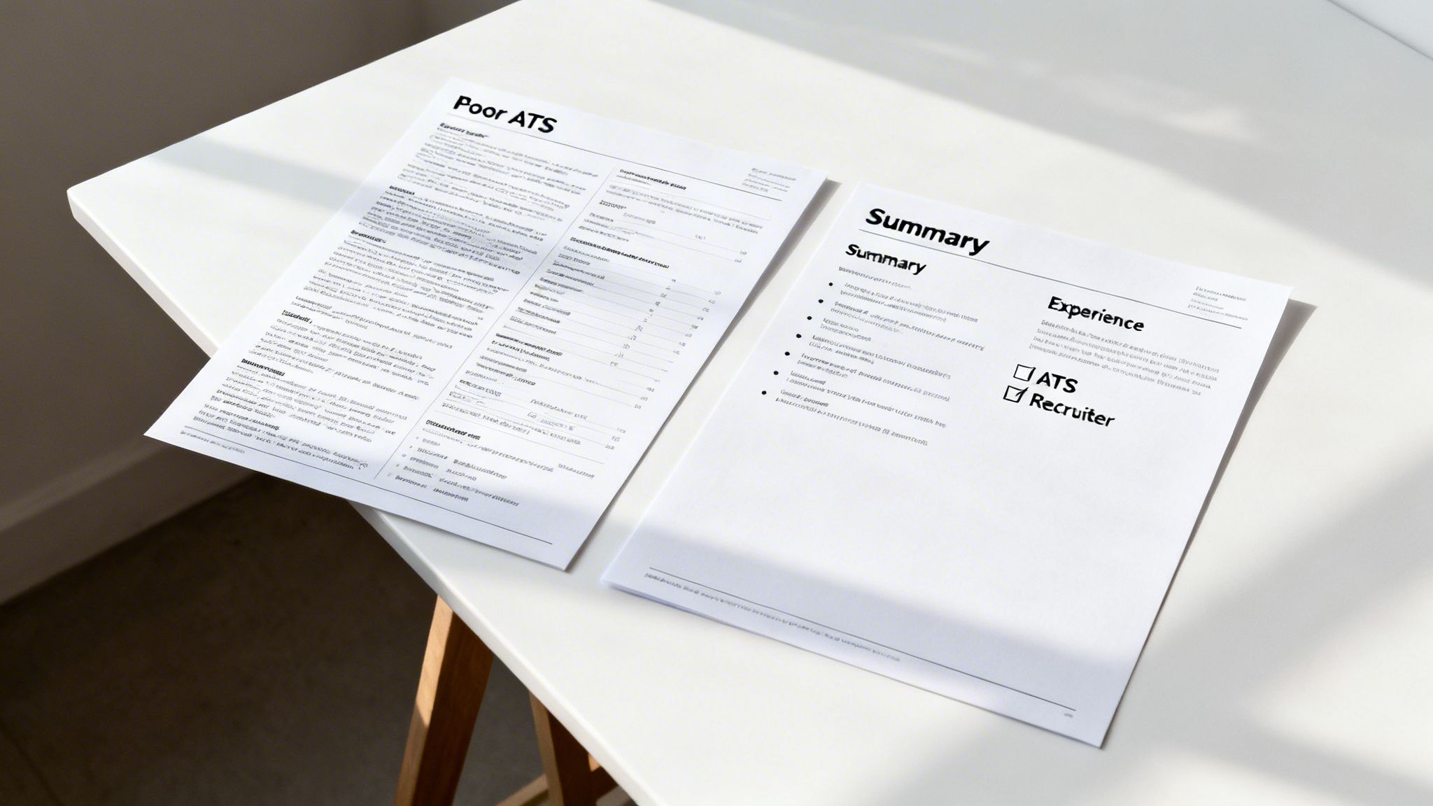 Two contrasting resume documents, one labeled 'Poor ATS' and the other optimized for recruiters, on a white desk.