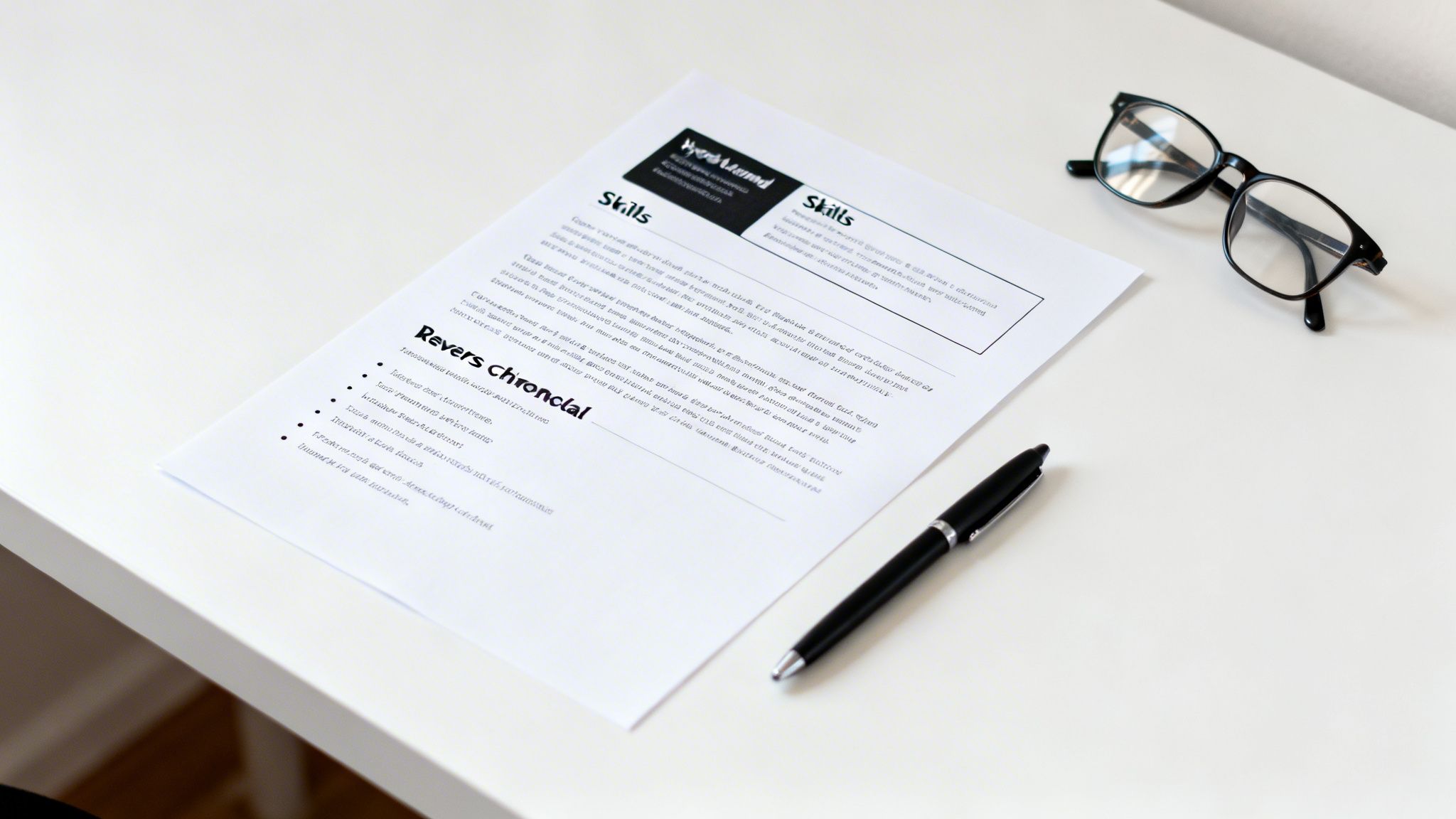 A professional resume document, black pen, and eyeglasses neatly arranged on a white desk.