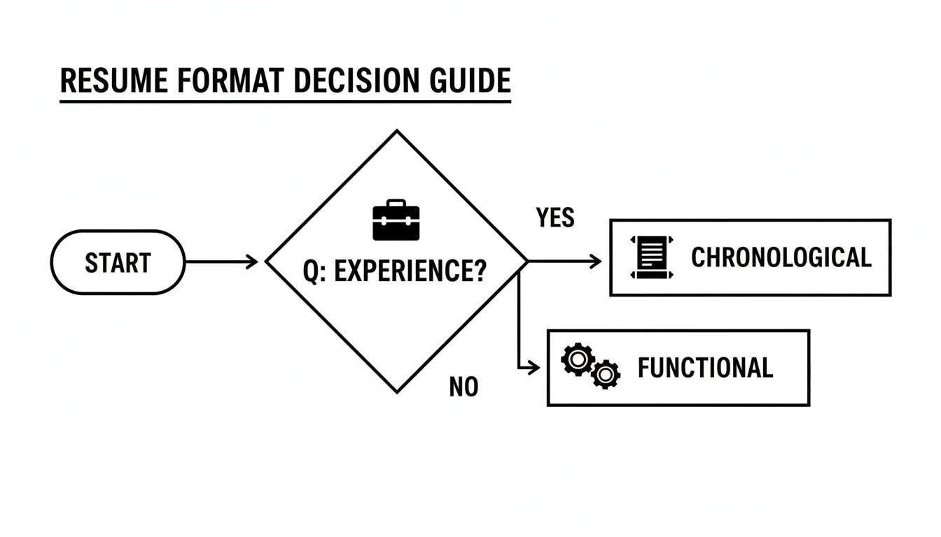 A flowchart titled 'Resume Format Decision Guide' showing a path to choose between chronological and functional resumes based on work experience.