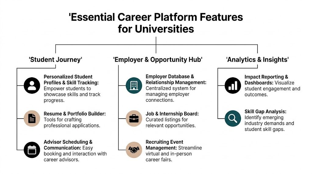 A diagram outlining essential career platform features for universities including student journey, employer hub, and analytics insights.