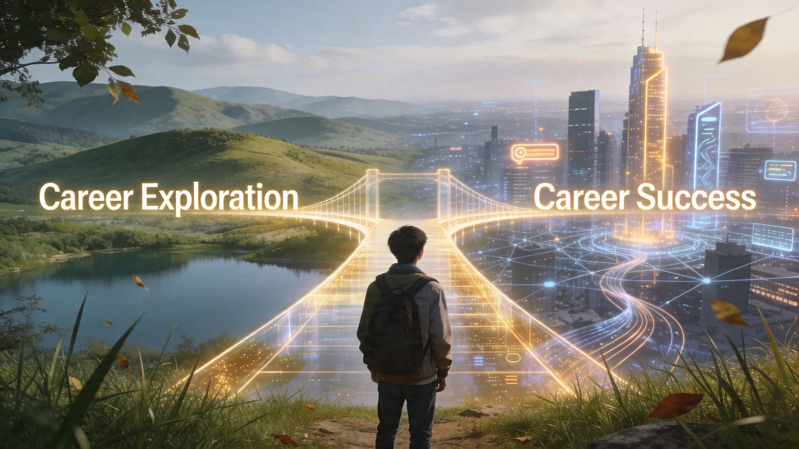 A student standing at the beginning of a glowing digital bridge leading toward a futuristic city skyline.