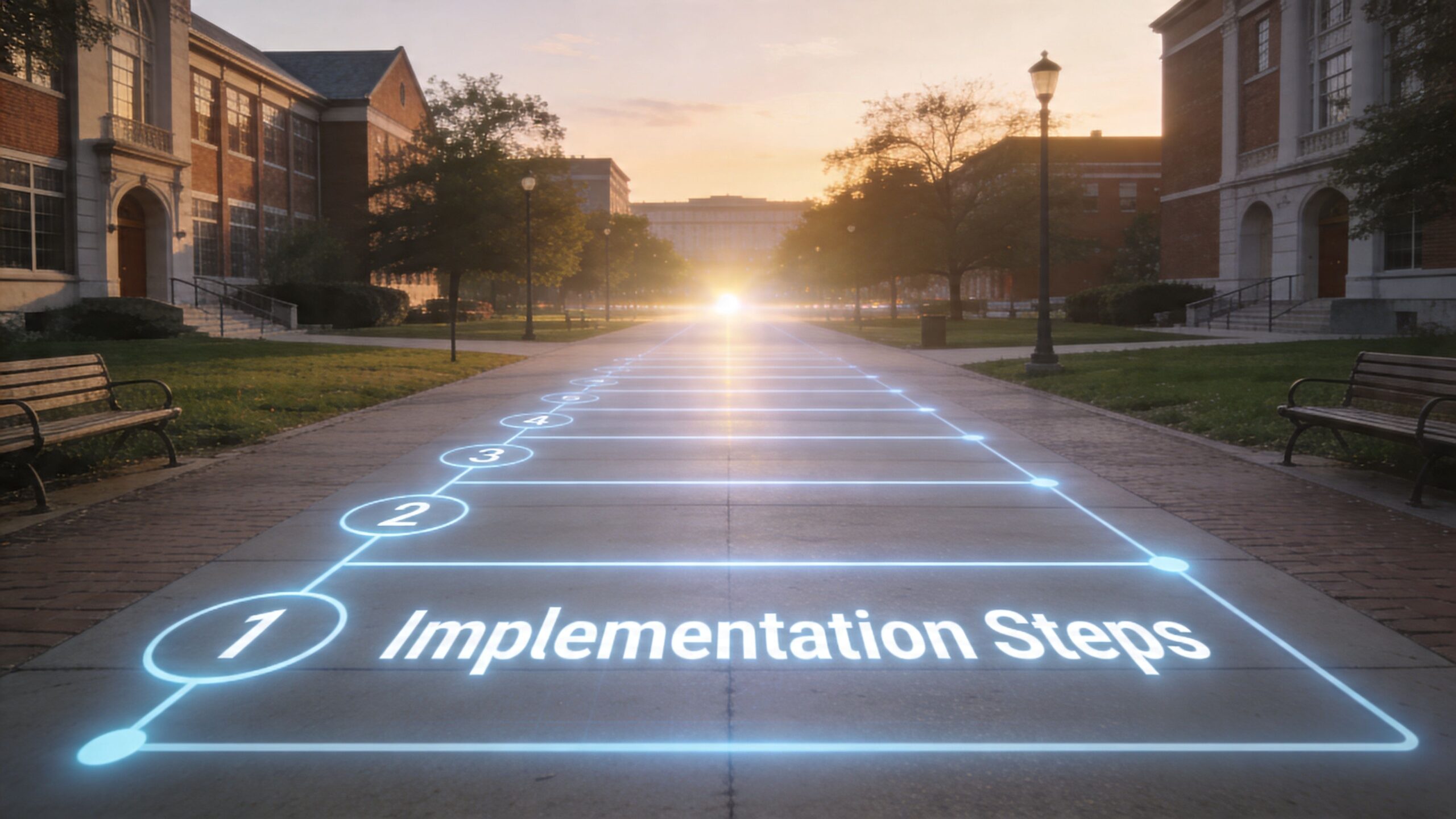 A digital graphic of a numbered hopscotch pathway on a university campus representing implementation steps.