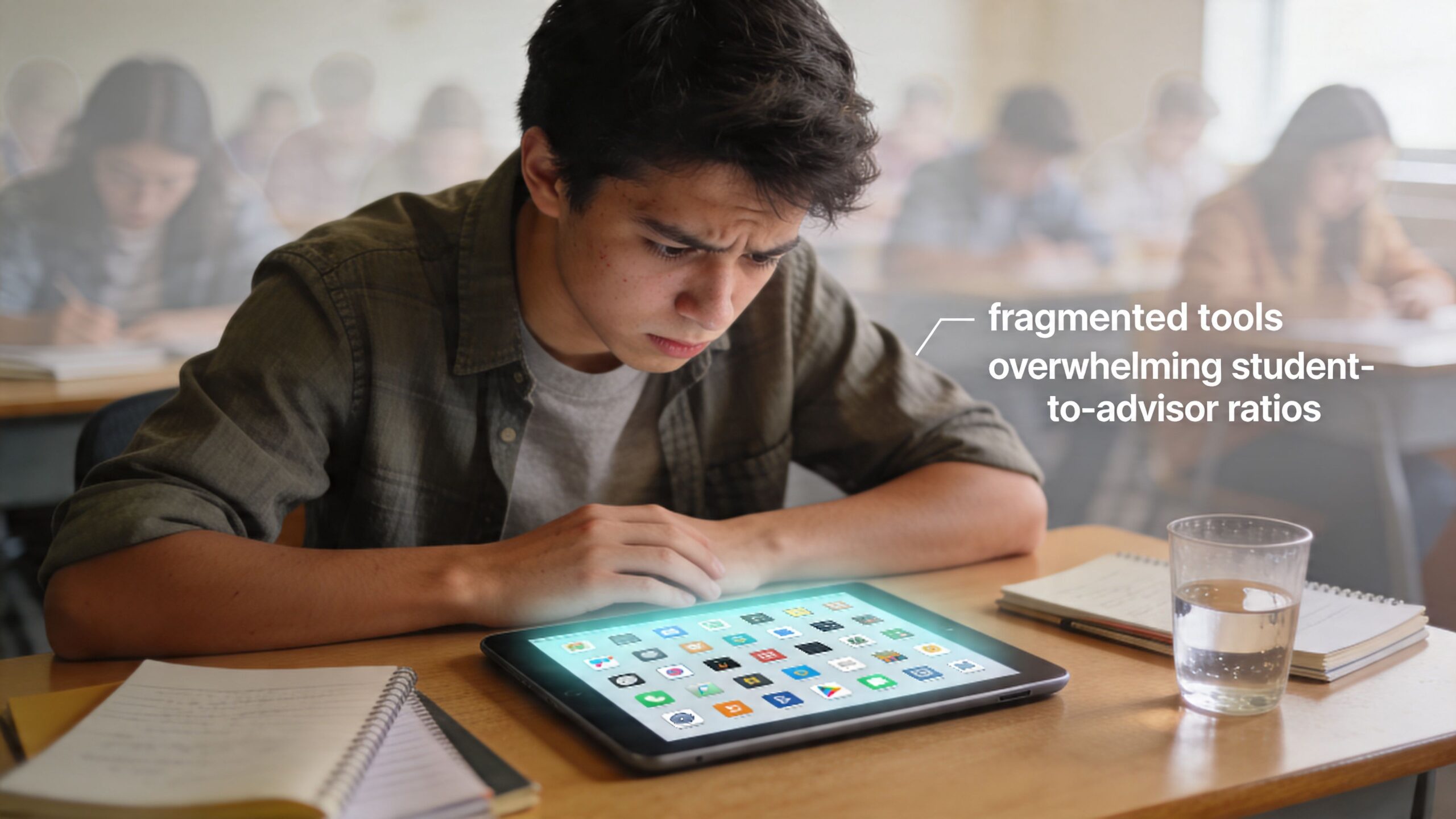 A distressed student sitting at a desk in a classroom while looking at a tablet with many apps.