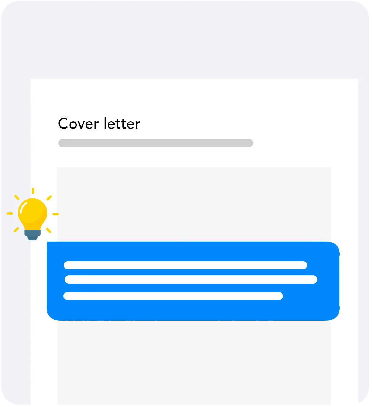 Illustration of a cover letter writing tool with a highlighted suggestion and creative idea icon