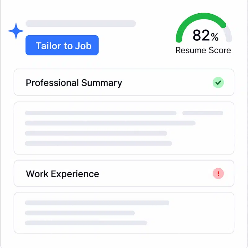 Interface affichant le score du CV et les commentaires par section pour adapter le CV à l'offre d'emploi.