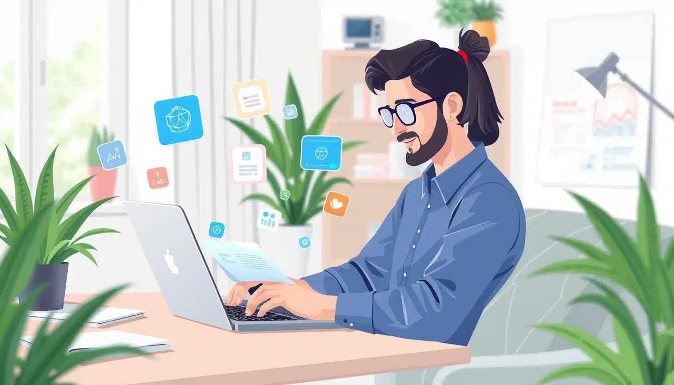 Imagen de un profesional sentado frente a una computadora portátil y escribiendo una carta de presentación.