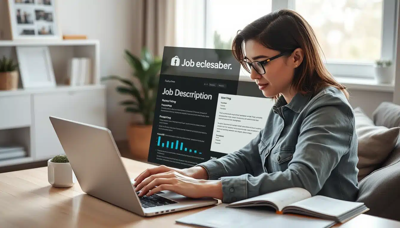 Imagen de una mujer analizando una descripción de trabajo para adaptar su currículum a un puesto de trabajo.