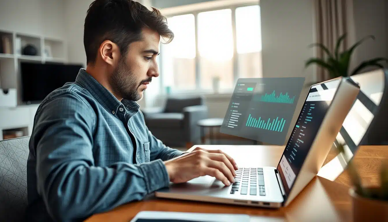 Hombre sentado frente a un escritorio con una computadora portátil resumiendo su resumen profesional de su currículum.