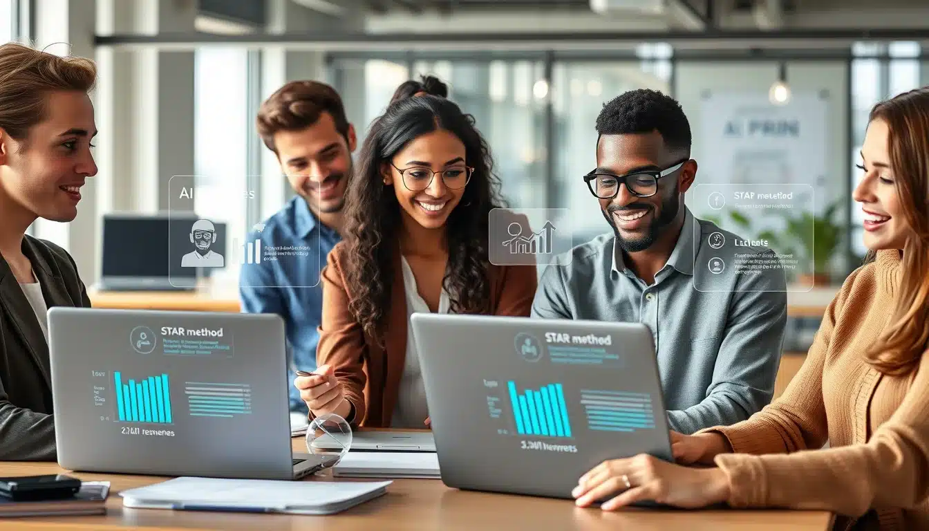 Grupo de profesionales mirando una computadora portátil y discutiendo cómo escribir viñetas impactantes para un currículum.