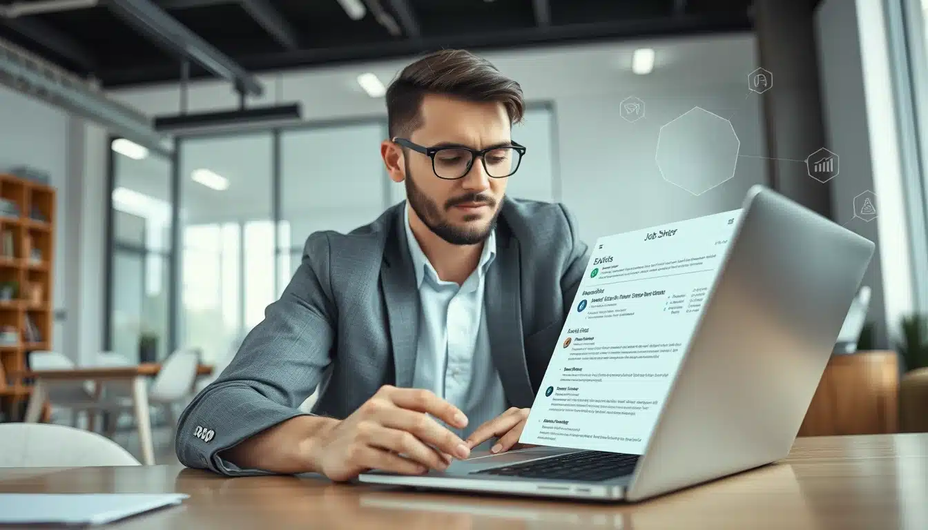 Imagen de un hombre escribiendo en la sección de habilidades del currículum utilizando herramientas de inteligencia artificial.