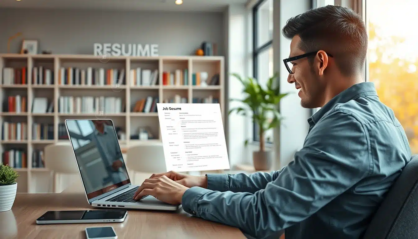 Profesional preparando su currículum sentado en una oficina