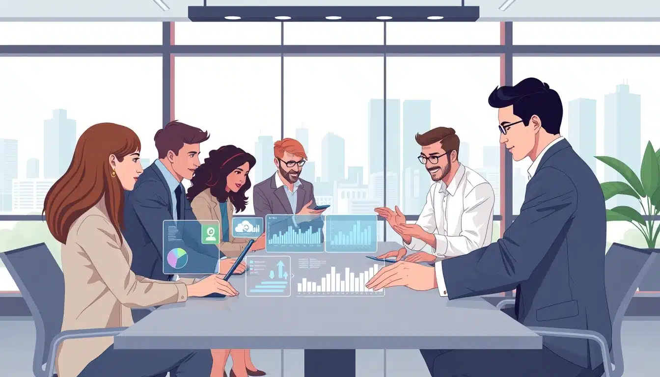 Ilustración de un grupo de profesionales discutiendo iniciativas de DEI