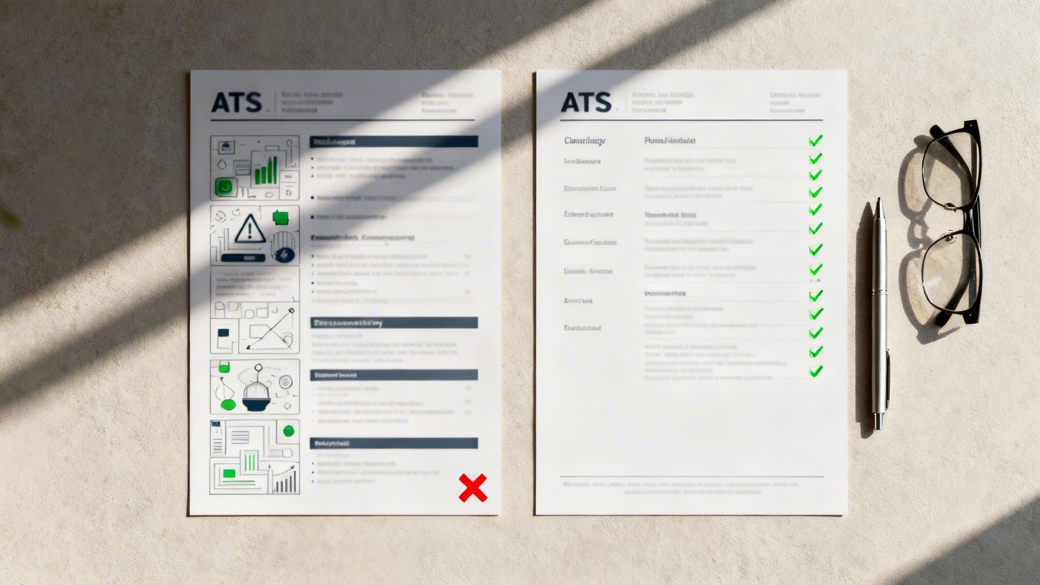 Comparison of two resumes, one failed by ATS with a red X, another accepted with green checkmarks.