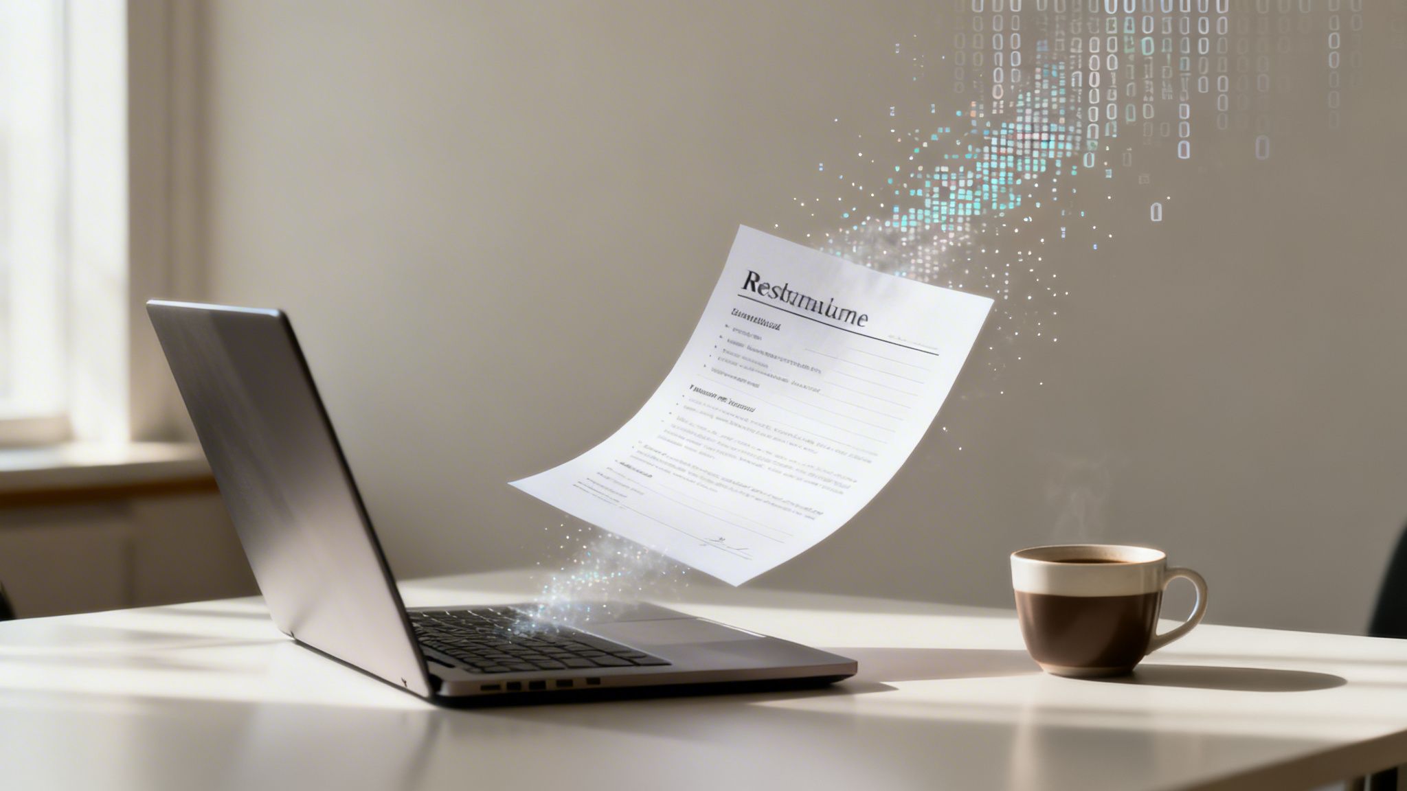 A resume digitally transforming from a laptop, with data particles and a steaming coffee cup on a desk.