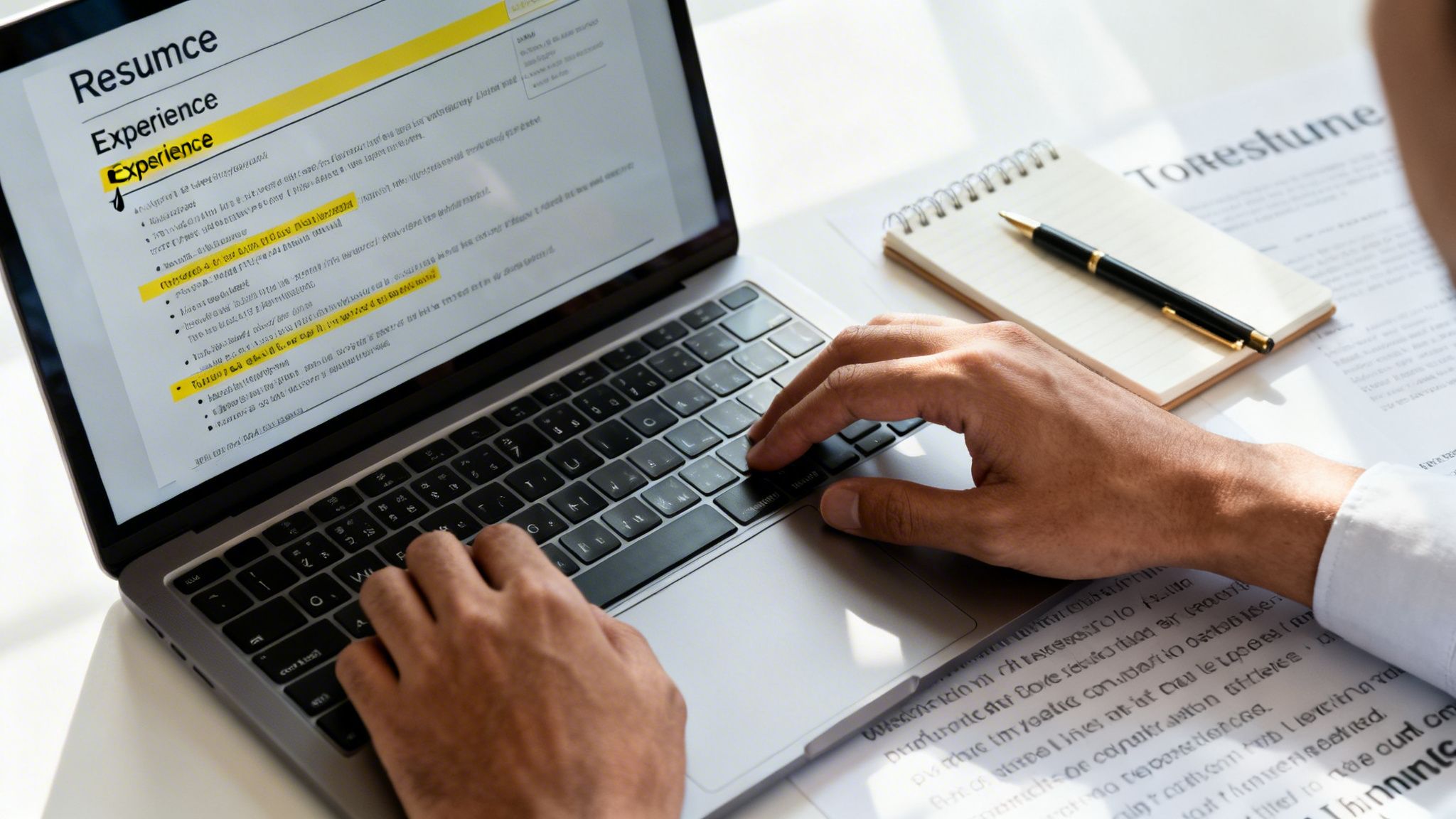 Hands typing on a laptop displaying a resume with the "Experience" section highlighted, next to a notebook.
