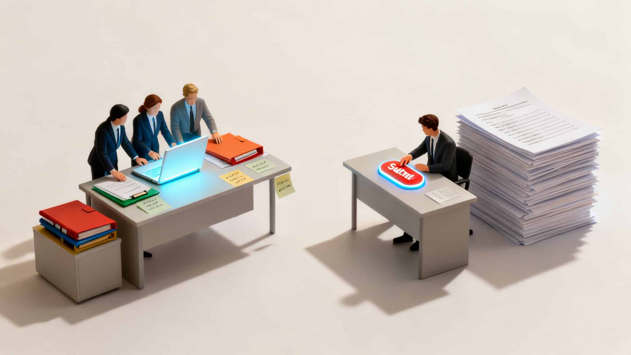 Miniature business figures contrast digital collaboration with a lone worker facing a 'Submit' button and a huge paper stack.