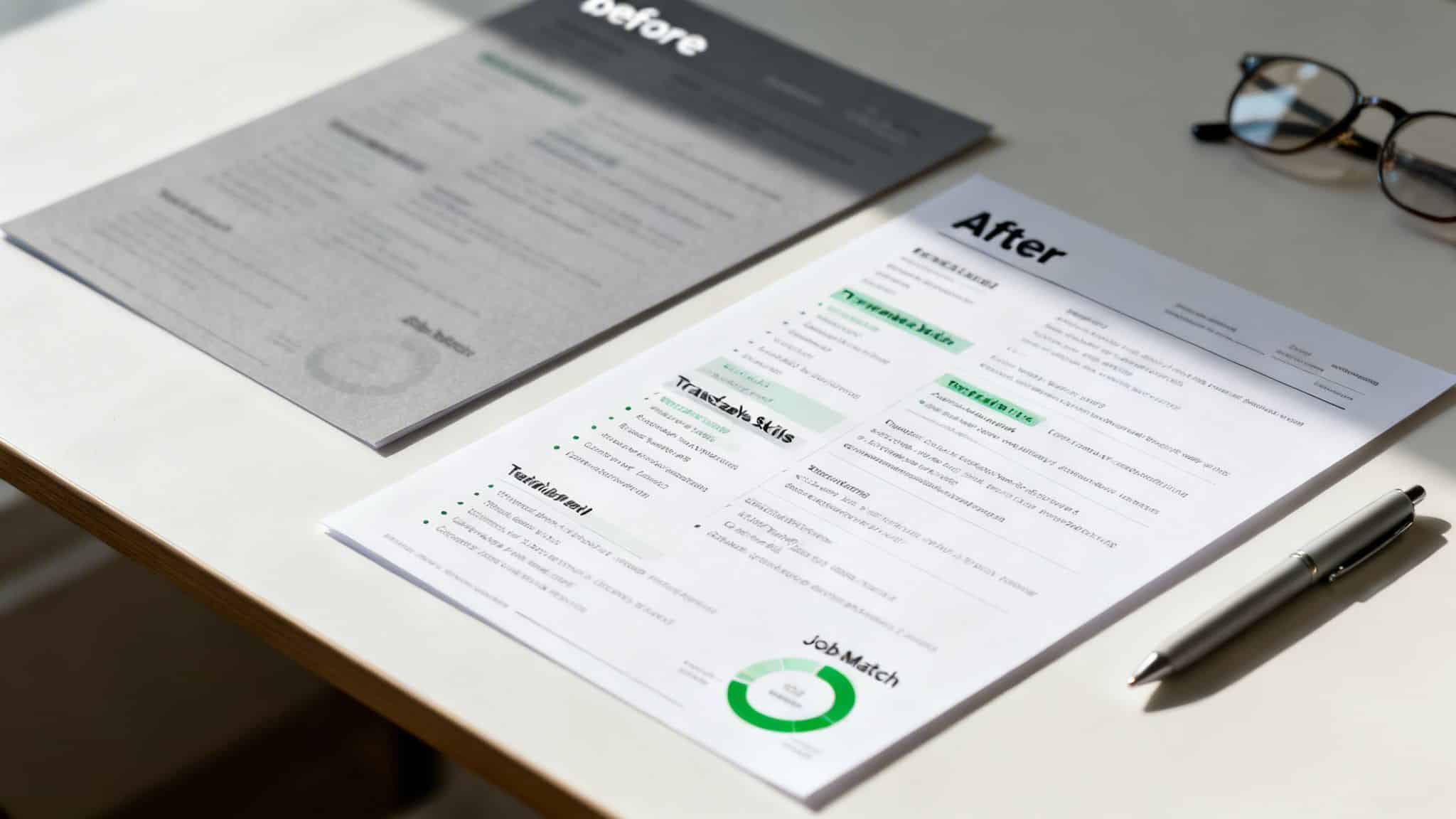 Comparison of 'before' and 'after' job application documents on a desk, showing an improved resume with green highlights.