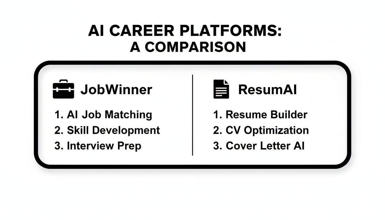 A comparison table of AI career platforms, JobWinner and ResumAI, showing their features.