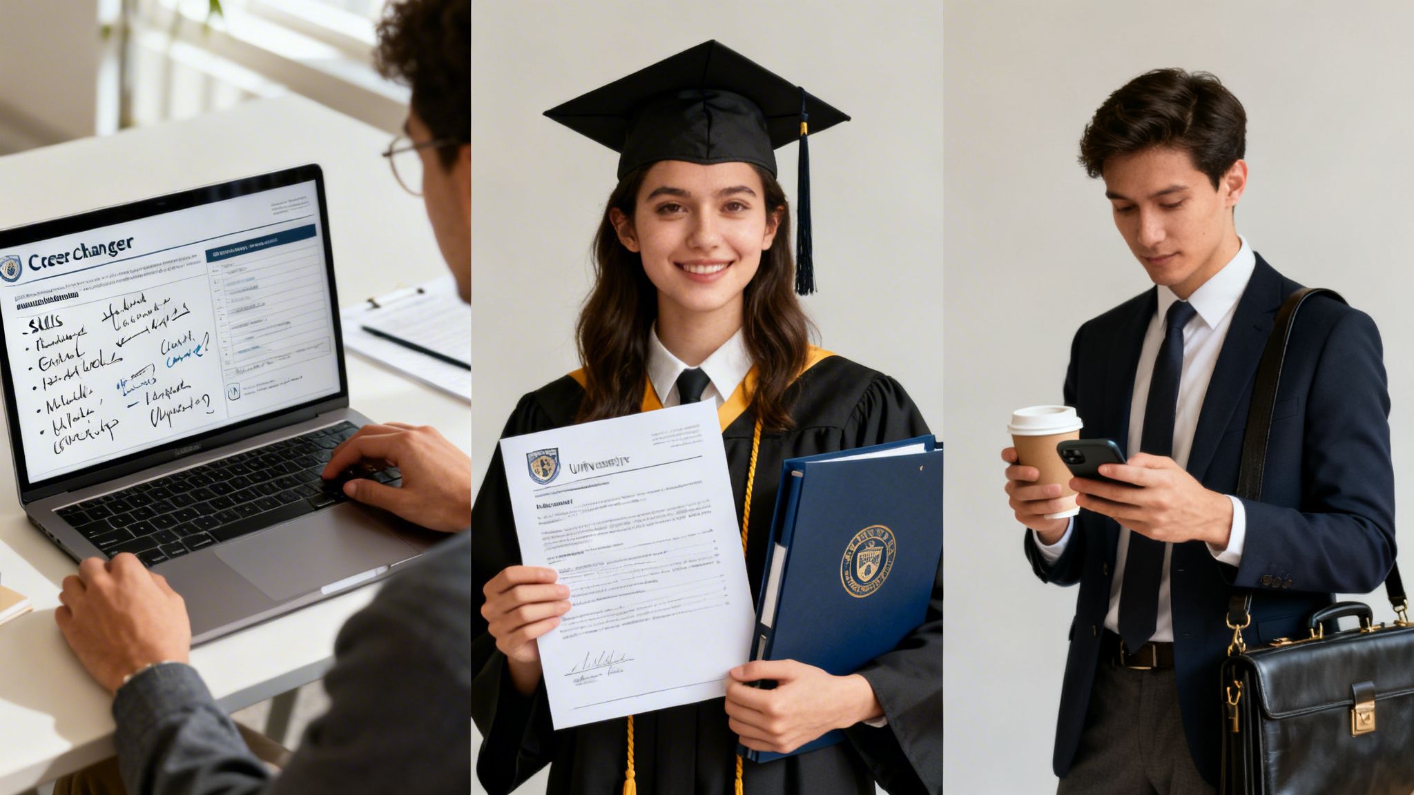 A triptych showing a student working on a laptop, a graduate with a diploma, and a professional with a phone.