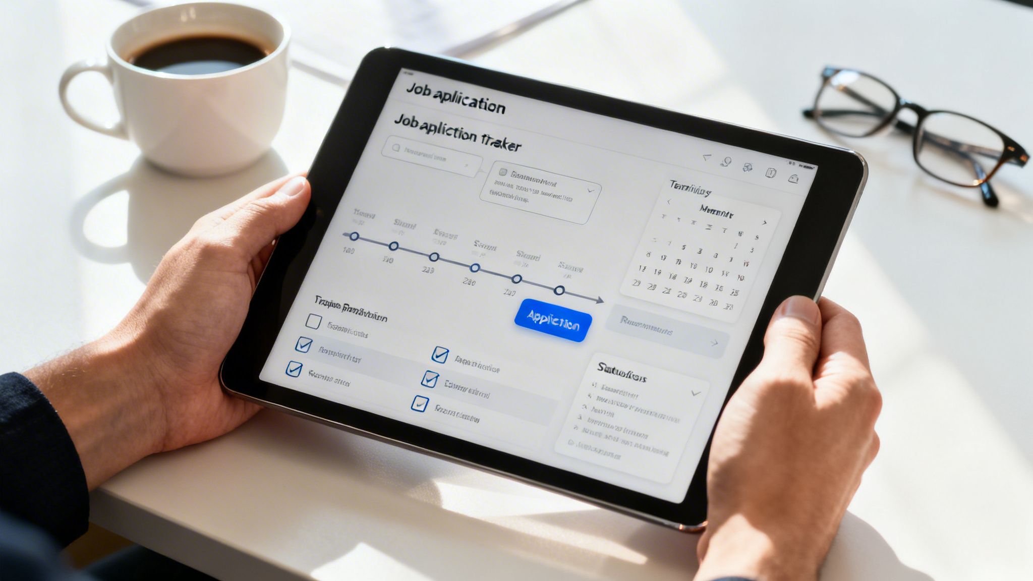 A person holds a tablet displaying a job application tracker with a timeline, tasks, and calendar.