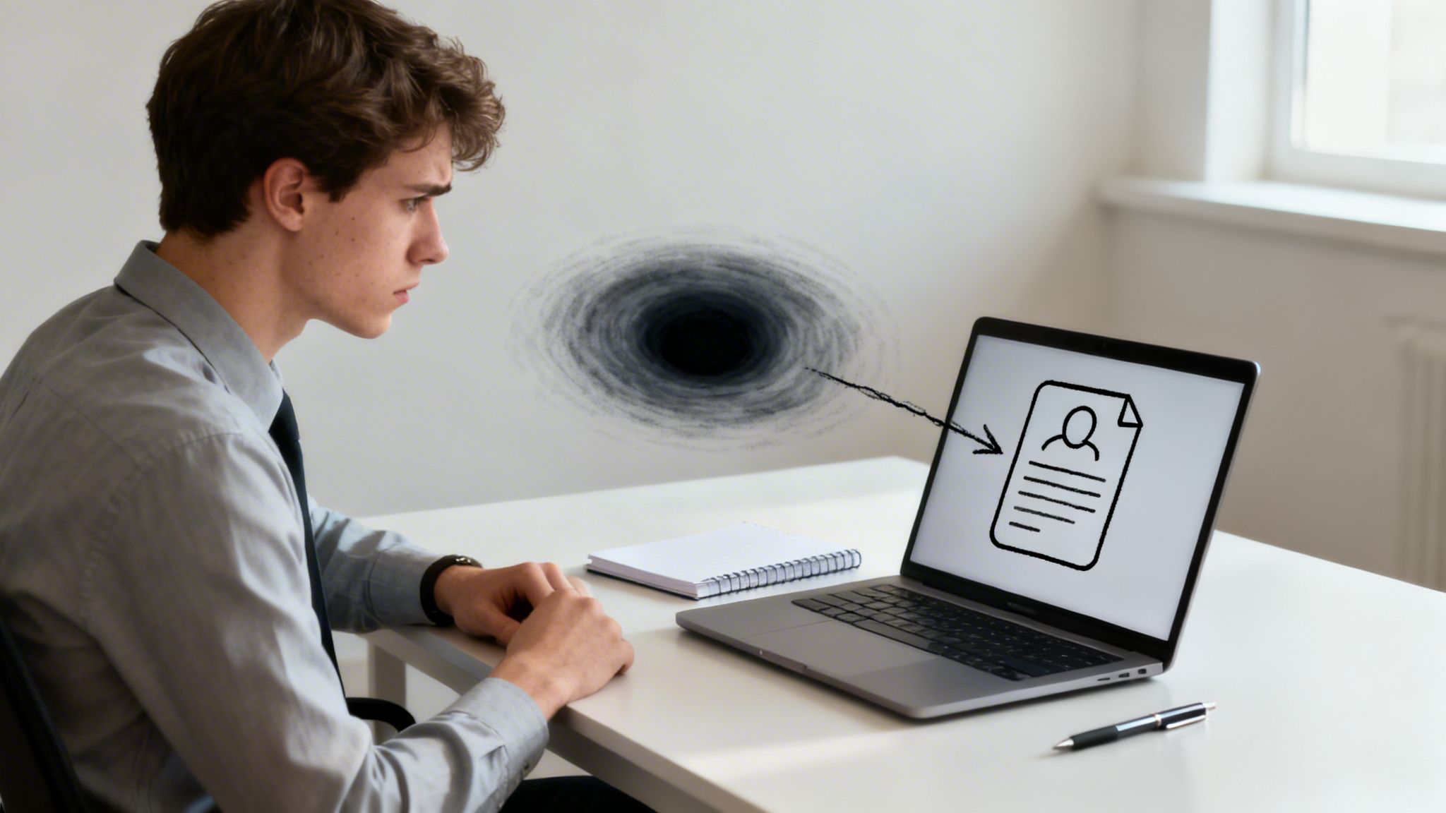 A young man observes a resume icon on a laptop, symbolically entering a black hole.