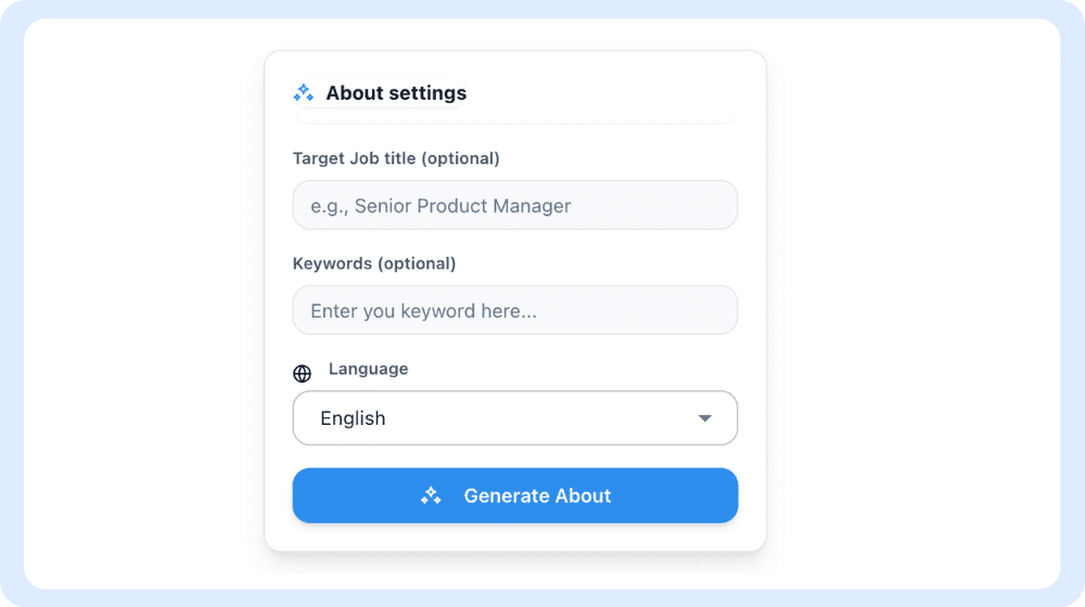 Panel de configuración de usuario para un creador de perfiles de LinkedIn con inteligencia artificial, que incluye campos para títulos de trabajo y palabras clave.