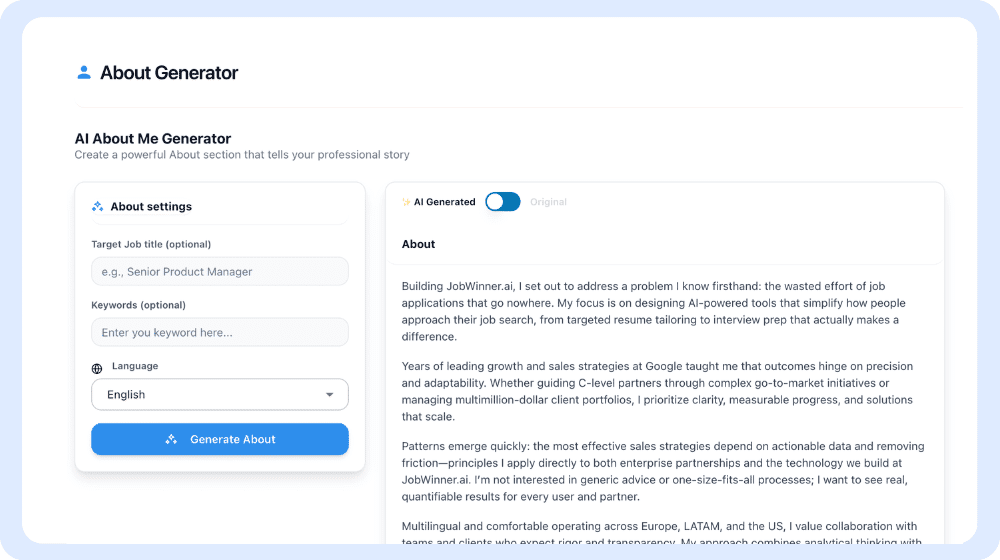 Vista de página completa de una herramienta de IA para generar resúmenes profesionales de "Acerca de mí" para quienes buscan empleo.