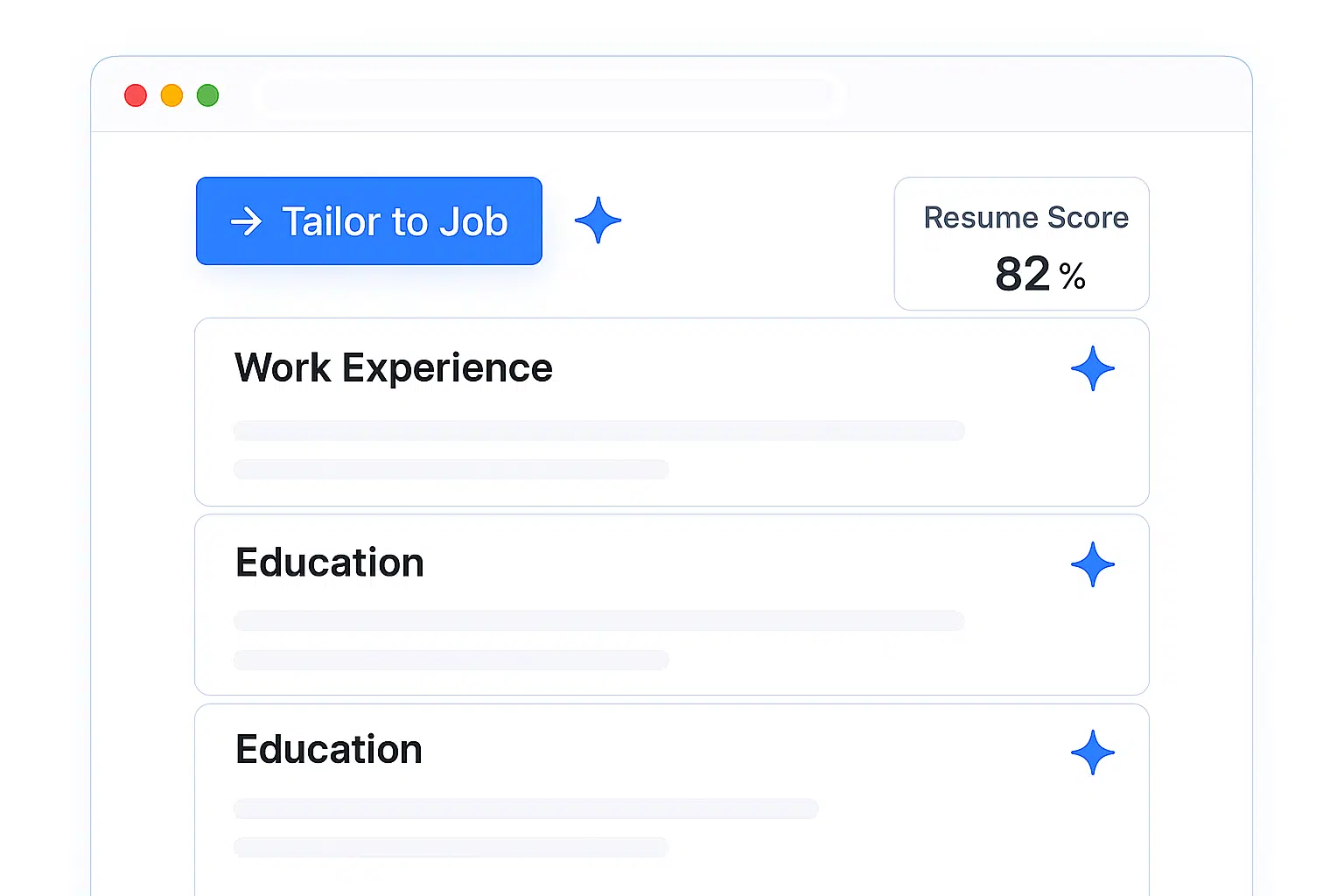 View of resume evaluation with feedback per section to tailor it to a specific role