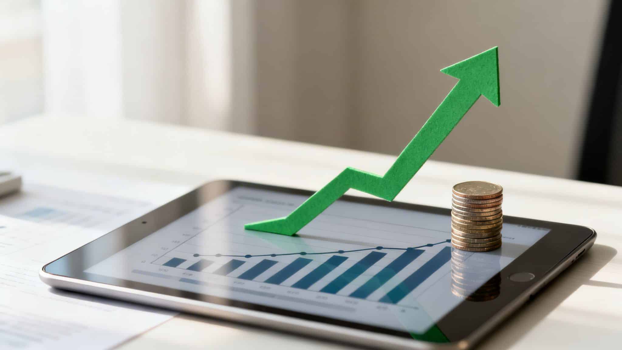 A tablet displays an upward financial graph with a green growth arrow and a stack of coins, symbolizing business success.
