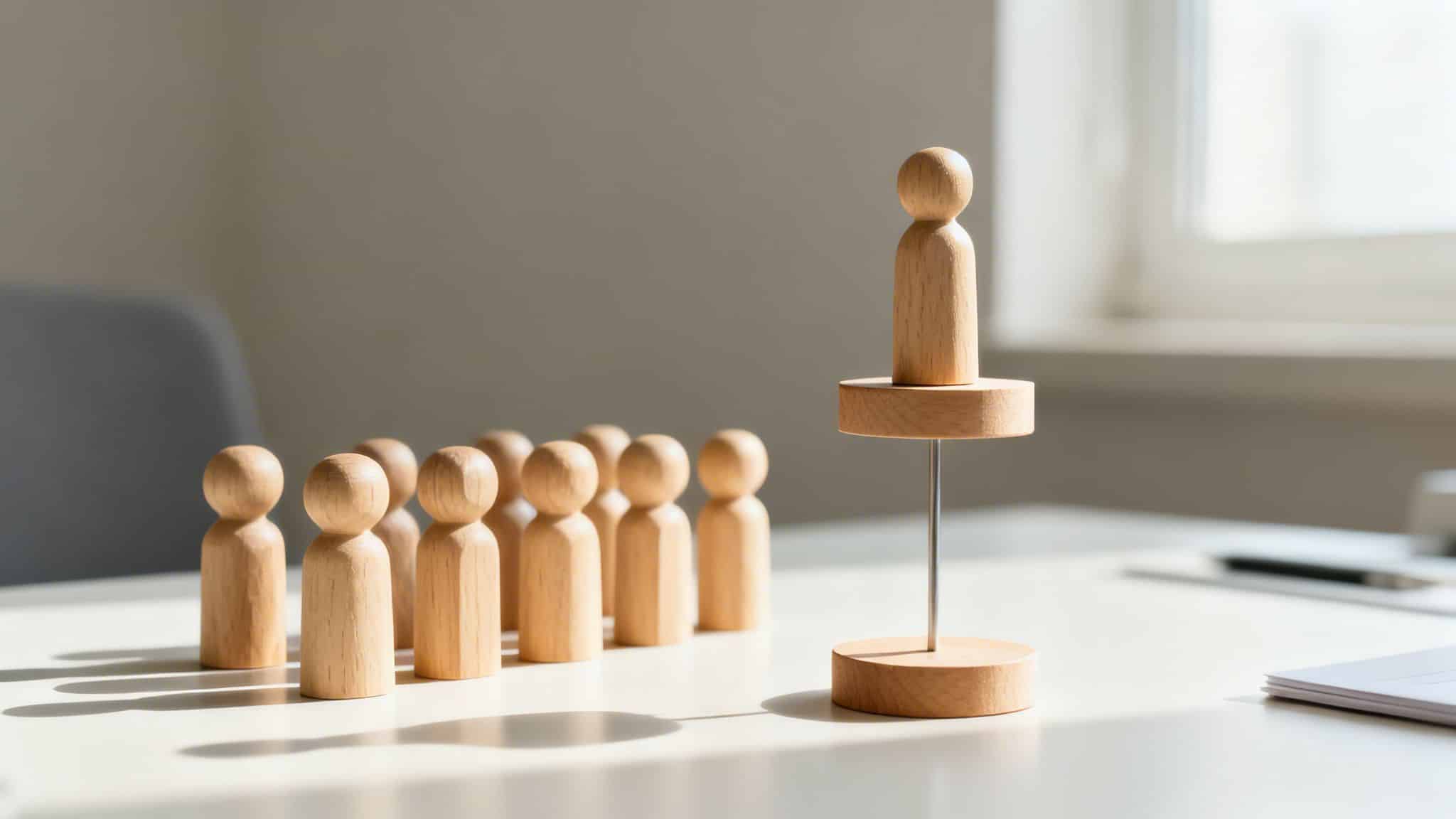 Wooden figures: one elevated leader addressing a group on a white table, symbolizing leadership.