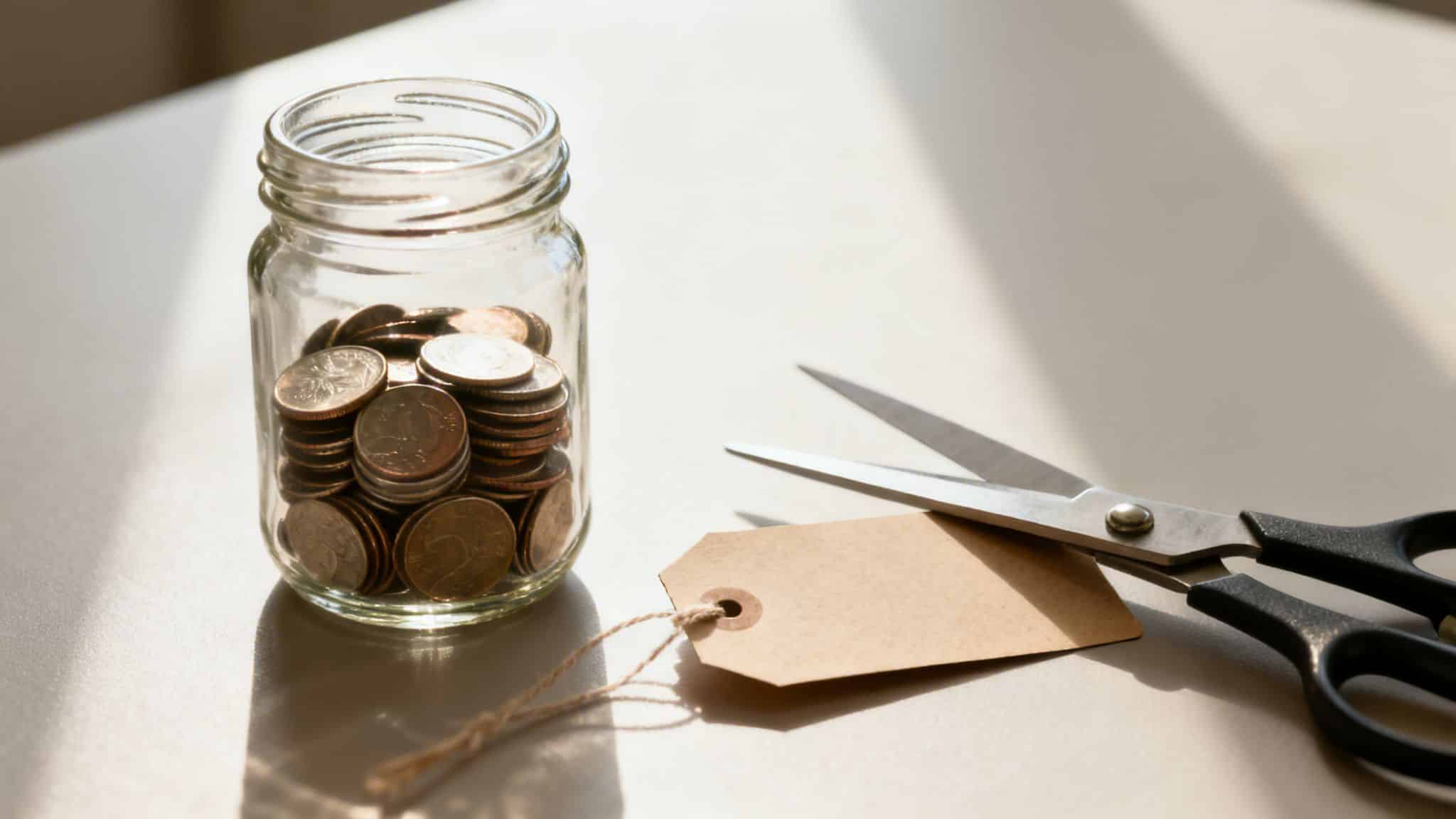A glass jar full of coins, scissors, and a blank price tag on a light table, symbolizing savings.