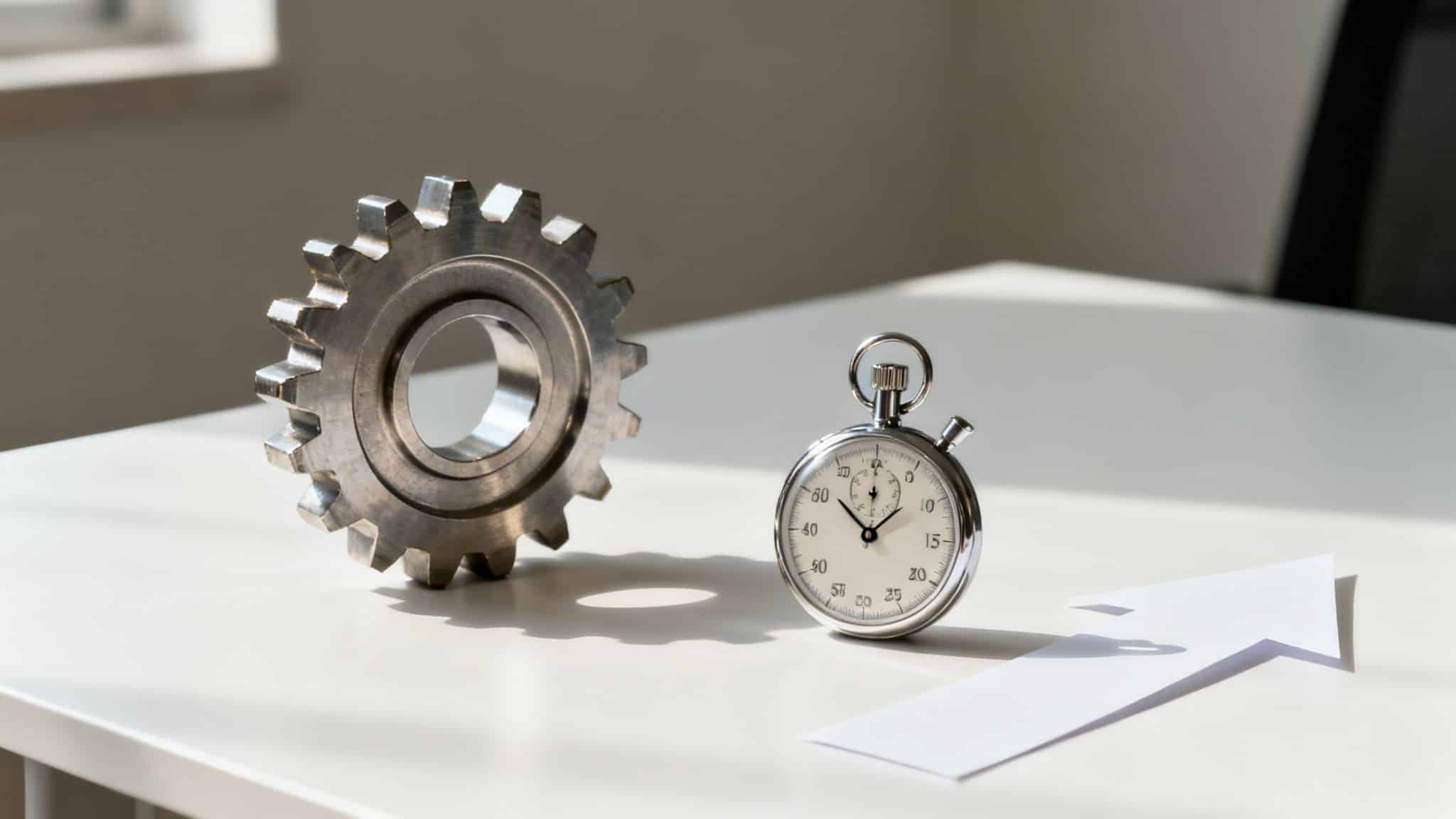 A metal gear, a silver stopwatch, and a white paper arrow symbolizing efficiency, time management, and progress.