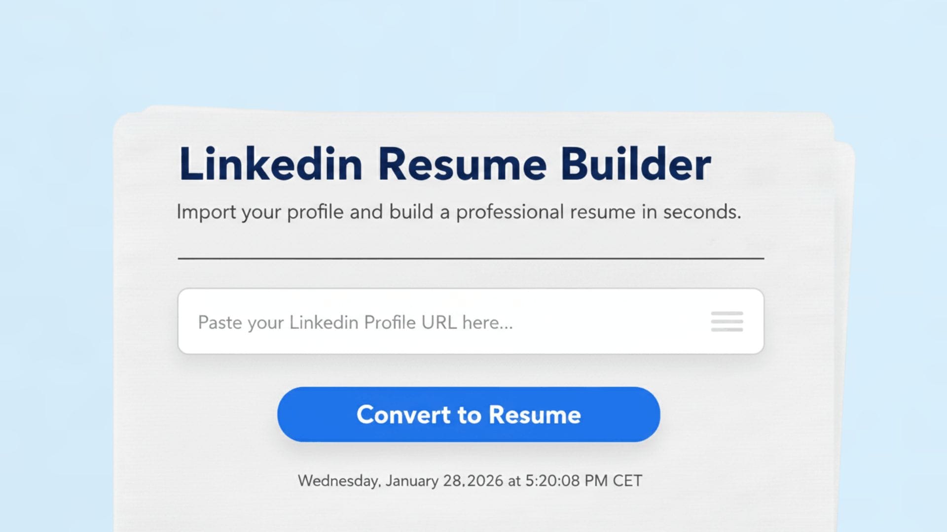 Tarjeta visual que representa la herramienta Conversión de LinkedIn a CV en una interfaz de usuario moderna.