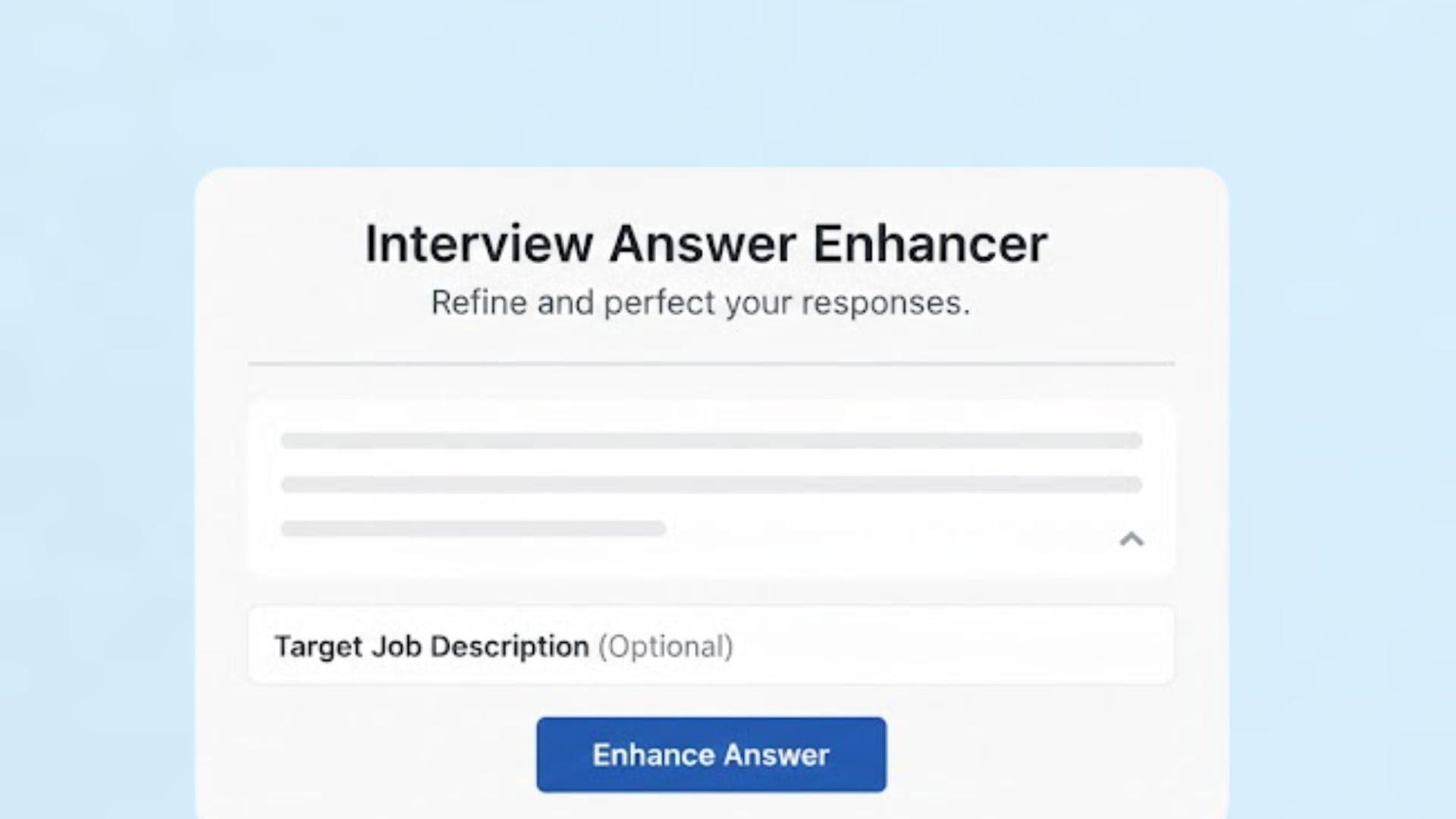 Tarjeta visual que representa la herramienta Interview Answer Enhancer en un diseño moderno.