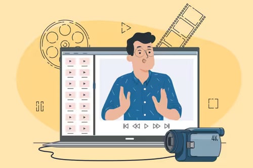Illustration of a man giving a presentation on a laptop screen, representing video content creation, with film icons and a 4K camera in the foreground.