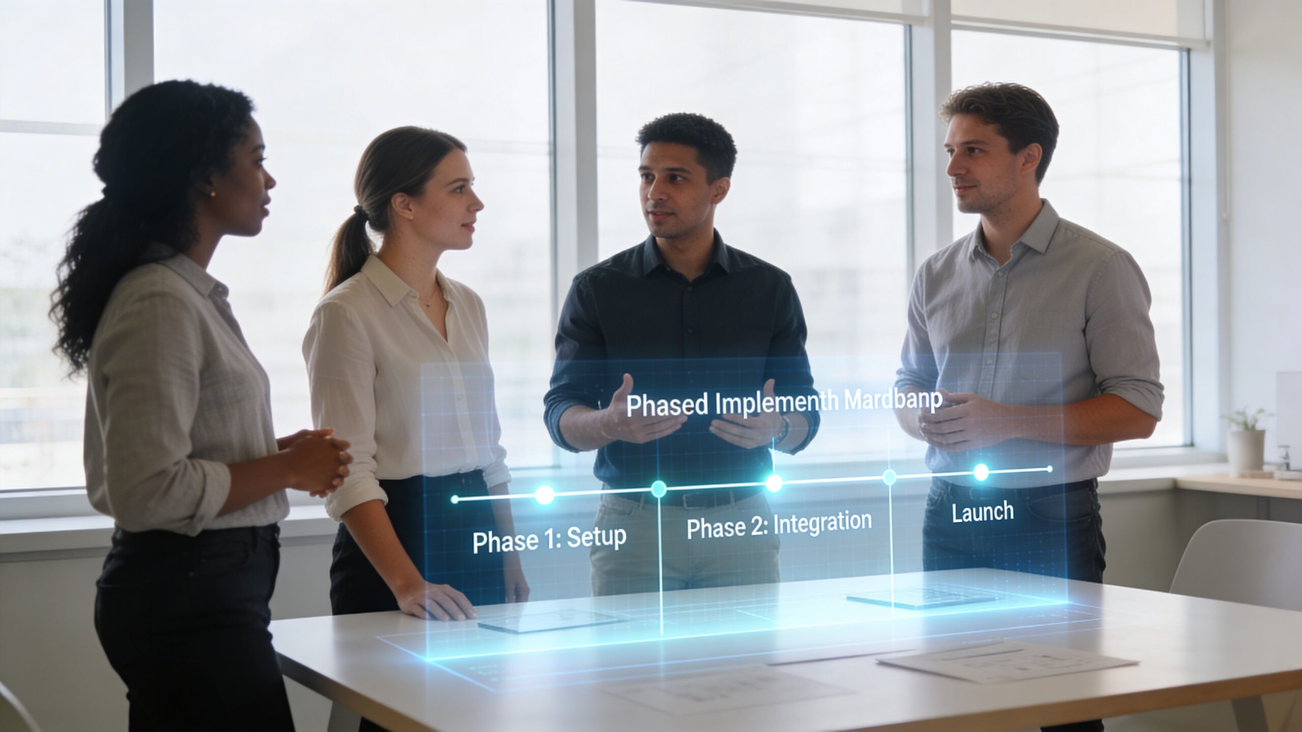 A professional team collaborates around a digital table displaying a phased implementation plan for a software project.