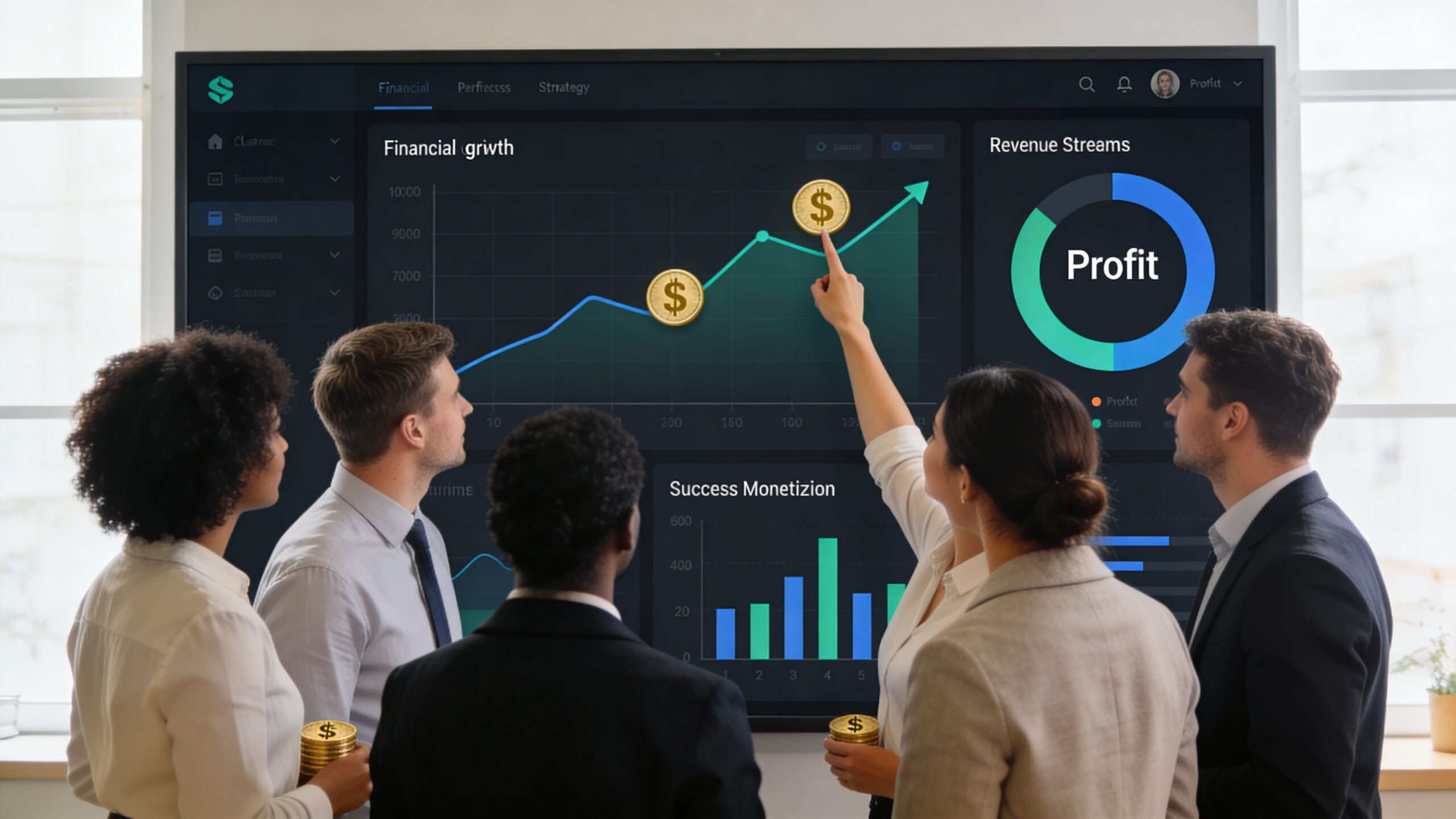 A diverse business team collaborating in an office while reviewing financial growth data on a large screen.